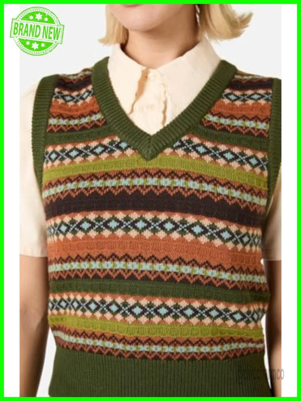 Vintage Knit Crop Sweater Vest Boho Argyle Plaid Pattern Slim Fit Preppy